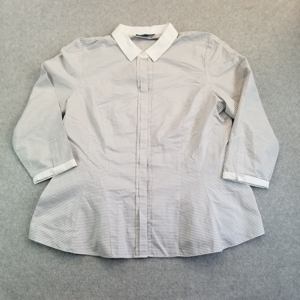 Lafayette 148 New York Shirt Womens 14 Gray White Striped 3/4 Sleeve Button Up